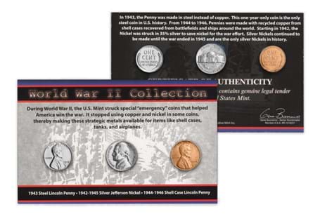 This collection features three historic American coins were used on a daily basis by Americans during WWII. They were issued by the U.S. Mint during WWII.
