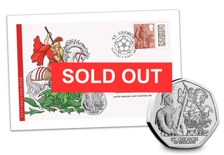 Celebrating the Patron Saint of England, St. George. Featuring the 2024 Jersey St. George BU 50p alongside a Country Definitive 1st Class stamp postmarked with St. George's Day - 23rd April 2024.