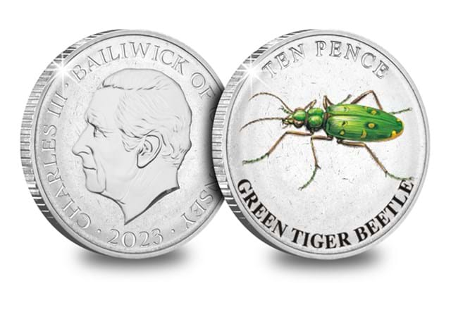 Heathland Animals 10Ps (Coloured) Green Tiger Beetle Obv Rev