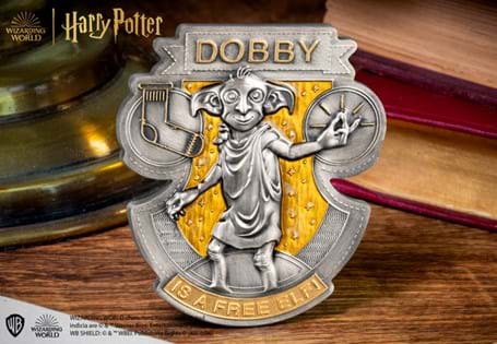 Dobby the elf has been sculpted from 2oz Pure Silver! Highlighted on a golden enamel, own a piece of wizarding history with selective 24 Carat Gold-Plating and an antique finish. Just 1,499 worldwide.