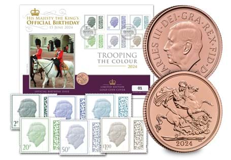 This year we mark His Majesty's Trooping the Colour. To celebrate this, a gold cover is being released featuring the 2024 Gold Bullion Sovereign, and six Royal Mail stamps postmarked on 15/06/2024.