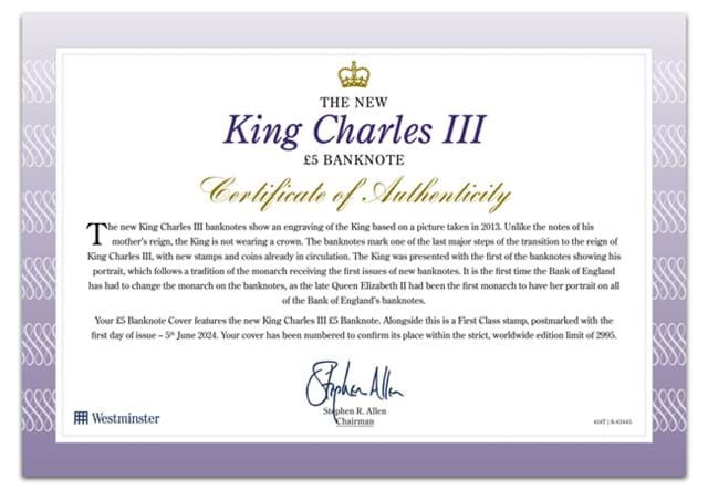 414T King Charles III £5 Banknote Cover Cert