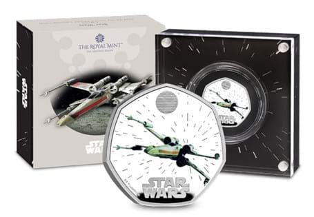 This Silver Proof 50p features the Star Wars X-Wing. The coin has been struck from 92.5% Sterling and features selective colouring. It comes displayed in official Royal Mint packaging. EL: 7,500.
