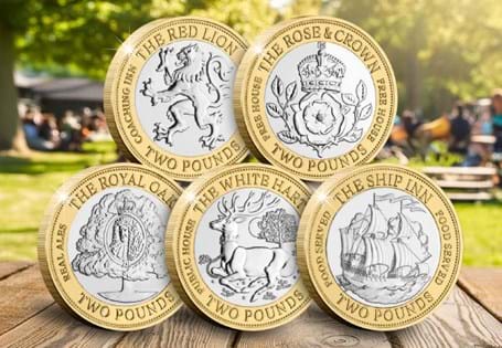 A collection of five BU British Isle £2 coins. Each featuring a pub sign. Royal Oak,  Red Lion, Ship Inn, White Hart and The Rose and Crown.  Arrives in a custom presentation pack. EL: 4,995.