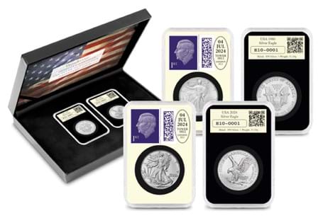 This DateStamp pair houses the US 1986 and 2024 Silver Eagle coins. They have both been postmarked by Royal Mail with the date of American Independence Day: 4th July 2024