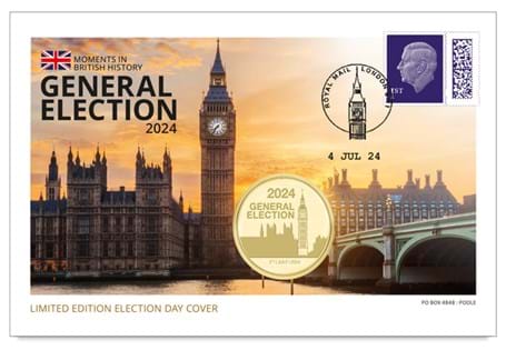 Commemorative Medal Cover issued to mark the General Election on 4th July 2024. Features a 1st Class Definitive and Commemorative Medal issued for the 2024 General Election. Postmarked 04/07/24. 