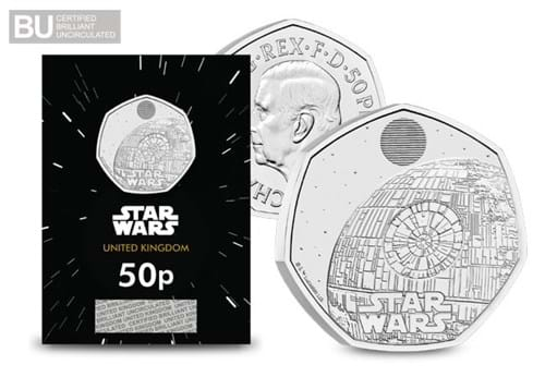 2024 UK Star Wars Death Star CERTIFIED BU 50p in card and up close BU logo