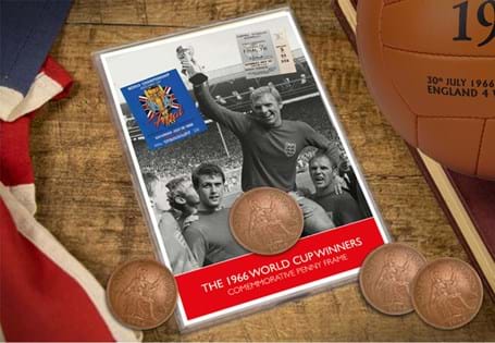 This collector's frame houses the British 1966 penny, issued in the year England won the Football World Cup