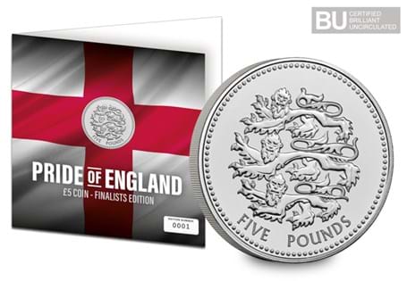 This display card celebrates England getting through to the 2024 Euros, and features the 2023 UK Pride of England £5 coin in Brilliant Uncirculated quality.