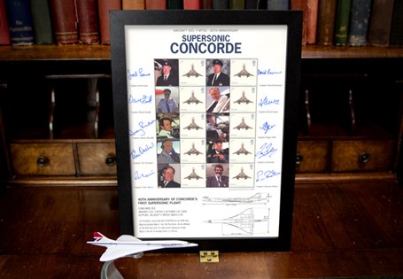 Framed stamp sheet featuring Royal Mail Concorde stamp + 10 Concorde Pilot labels, who have each personally signed the sheet. Celebrating 40+ years since the 1st flight reaching the speed of Mach 1.