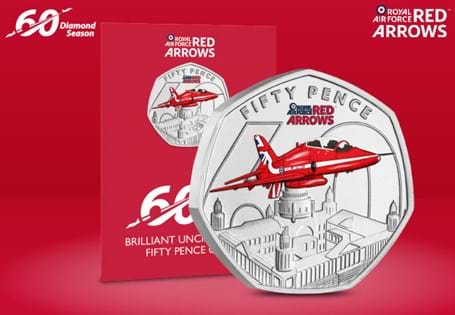 To marks the 60th Anniversary of the Red Arrows, Jersey have issued a new 50p. Featuring a Red Arrow flying over Belfast City Hall, struck to a Brilliant Uncirculated finish in selective colour print