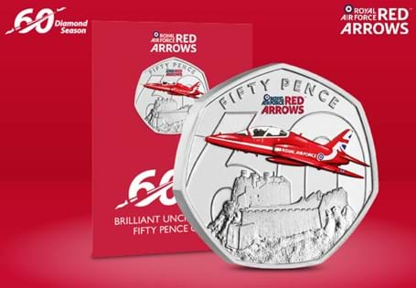 To marks the 60th Anniversary of the Red Arrows, Jersey have issued a new 50p. Featuring a Red Arrow flying over Edinburgh Castle, struck to a Brilliant Uncirculated finish with selective colour print