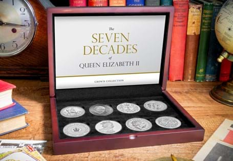 This collection houses eight Crown coins from each decade of QEII's reign, from the 1953 Coronation Crown up to a Royal Mint £5 coin issued in the last 3 years of her life and reign