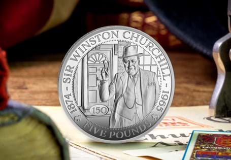 This Silver Proof £5 has been issued by Guernsey to mark 150 years since the birth of Sir Winston Churchill.