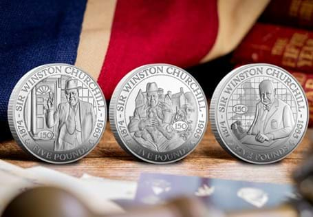 This Silver Proof £5 Set brings together coins from Jersey, Guernsey and the Isle of Man. Issued to mark 150 years since the birth of Winston Churchill. EL: 750