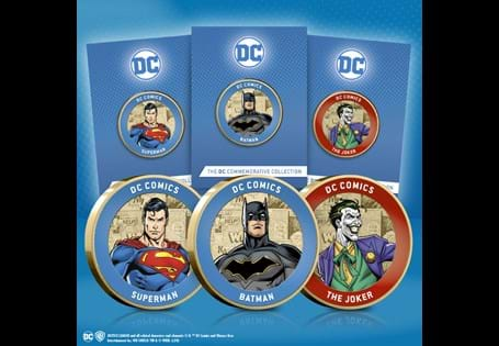 The DC Comics Trio feature Batman, Superman and the Joker. Struck to a Proof-like finish in  presentation cards. These are the first commemoratives in the Official DC Heroes and Villains Collection.