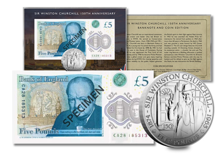 This presentation brings together the Guernsey 2024 Sir Winston Churchill BU £5 Coin alongside a Bank of England £5 Note - featuring Churchill on the reverse. Limited to 2,024 worldwide. 