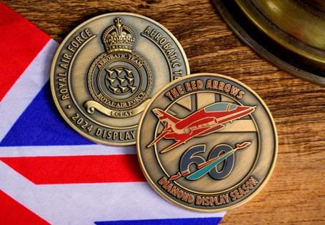 This Red Arrows Challenge Coin has been issued to celebrate the RAF Red Arrows acrobatic team's 60th display season. Officially licensed with the Ministry of Defence. Edition Limit: 9,995