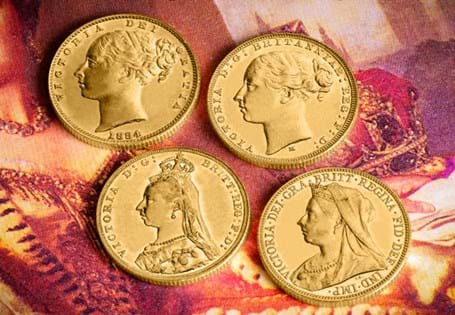 This collection includes four Sovereigns from Queen Victoria's reign, including the George and Dragon Young Head, Shield Back Young Head, Jubilee Head, and the final Veiled Head Portrait