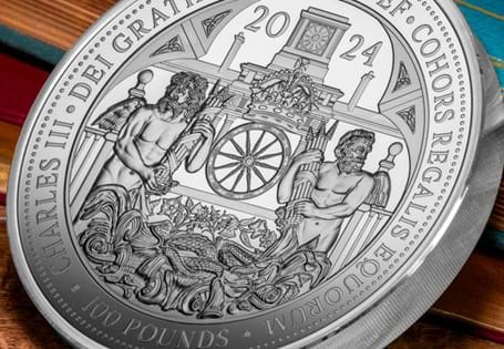 Issued to mark 200 years since the historic Royal Mews were built, this one hundred pound coin has been struck from 1 kilo of Pure Silver to a Proof finish. 