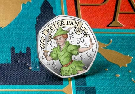 This 50p coin features Peter Pan based on the original stage play, created by David Lawrence. The look of Peter and his costume is inspired by the original actor and costume design sketches.