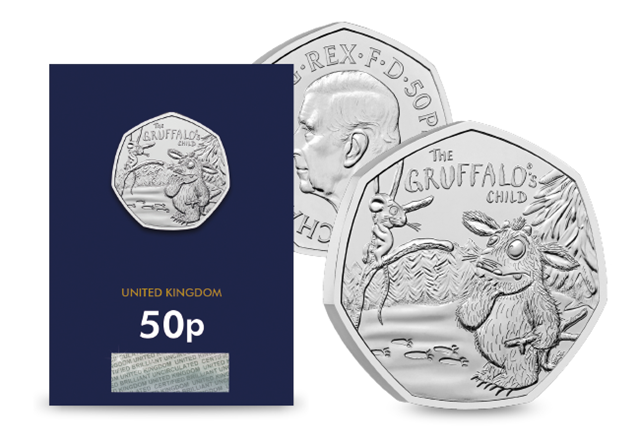 2024 UK The Gruffalo's Child CBU 50p in card beside obverse and reverse