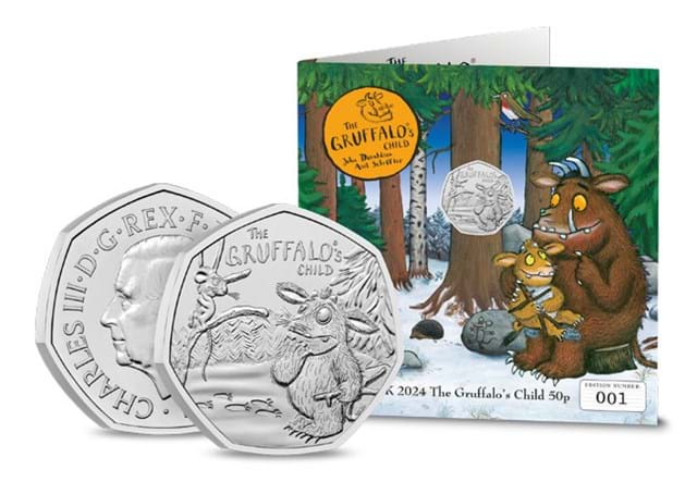 2024 UK The Gruffalo's Child CBU 50p Display Card front beside obverse and reverse of coin