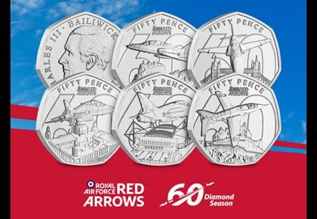 This year marks the 60th anniversary of the Red Arrows, and to celebrate Jersey have issued 5 brand new 50ps. Each 50p features a Red Arrow flying over a famous landmark.