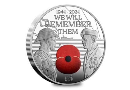 The RBL D-Day Poppy £5 coin features a single veteran on Normandy Beach, depicted in both June 1944 and 2024 with a coloured poppy. 10% from every coin sold will go directly to the RBL. EL: 4995