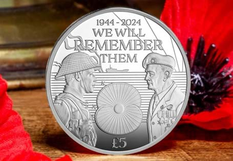 The RBL Poppy Silver Proof £5 portrays a veteran on Normandy Beach in both June 1944 and 2024. Struck from Sterling Silver to a Proof Finish. 10% from every coin sold will go directly to the RBL.