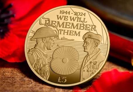 The 2024 RBL Poppy Gold £5 has been struck from 22 Carat Gold to a Proof finish & portrays a veteran on Normandy Beach in June 1944 & 2024. 10% from every coin sold will go directly to the RBL. EL: 40