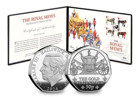 Featuring the 2024 Gold State Coach Silver Proof 50p, issued to mark 200 years since the Royal mews were built, alongside four alongside four officially postmarked All the Queen's Horses Stamps. 