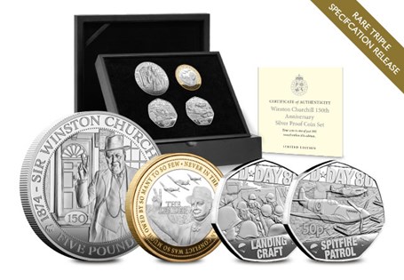 Your Churchill Silver Coin Set includes the Guernsey Sir Winston Churchill Silver Proof £5, the Jersey Churchill Silver Proof £2 and two D-Day 80th Anniversary Silver Proof 50ps issued by Jersey. 