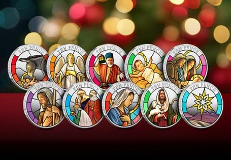 The 2024 Nativity Silver Proof 10p Coin Set, featuring vivid stained glass designs of Nativity characters. 1500 sets available, each comes in a presentation case with a certificate of authenticity.