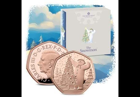 This UK 2024 Gold 50p coin has been issued by The Royal Mint featuring The Snowman designed by illustrator Robin Shaw. Celebrating the Christmas story loved by children an adults alike in full colour.