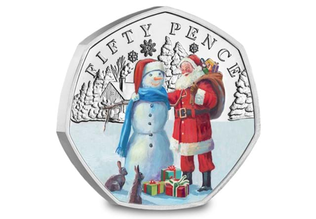 Christmas Snowmen BU Colour 50P Snowman With Father Christmas Rev