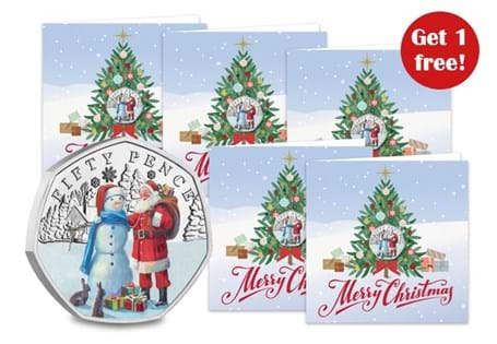 These new Christmas Snowman 2024 Colour 50p coins are encapsulated within the card to protect the superior Brilliant Uncirculated quality. Inside left blank for your personal message. BUY 4 GET 1 FREE