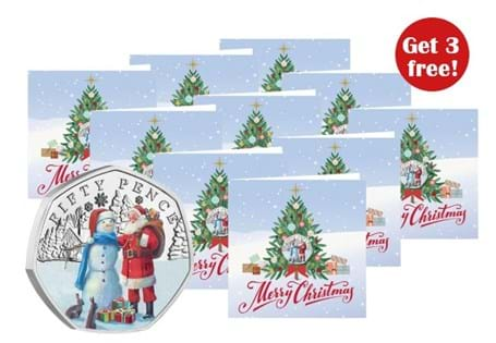 These new Christmas Snowman 2024 Colour 50p coins are encapsulated within the card to protect the superior Brilliant Uncirculated quality. Inside left blank for your personal message. BUY 7 GET 3 FREE