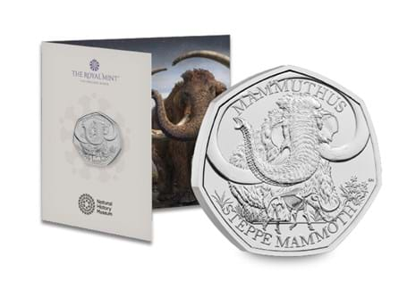 The brilliant uncirculated Steppe Mammoth 50p coin from The Royal Mint.