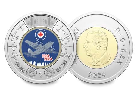 A $2 coin  commemorating 100 years of the Royal Canadian Air Force's service. The design on the inner core has selective colour.