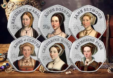 Issued by Guernsey, this set of six BU 50p coins tells the story of British history's most dramatic chapter - the notorious reign of Henry VIII and his six wives.