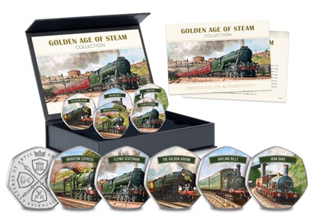 The Golden Age of Steam Collection features five legendary steam locomotives from British history. Each hand-picked commemorative features a full colour illustration by Steve Wyse.