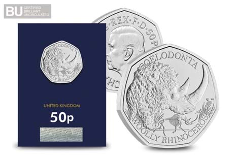 The Royal Mint have struck a 50p featuring the Woolly Rhino. It has been struck to a Brilliant Uncirculated quality and protectively encapsulated in official Change Checker packaging.