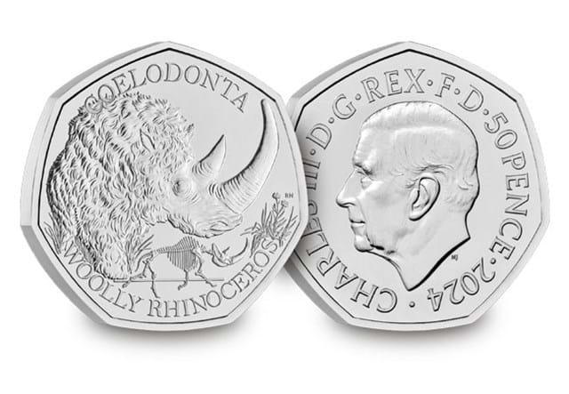 2024 UK Ice Age Giants - Woolly Rhino BU 50p - Reverse and Obverse