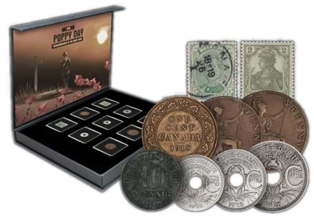 This collection includes two stamps from Belgium and the German Reich, and coins struck from Canada, France, Germany and the United Kingdom, all minted in 1918.