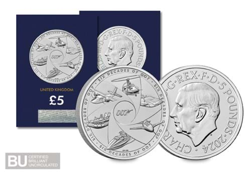 2024 UK Six Decades of Bond CERTIFIED BU £5 OBVERSE REVERSE in and out of packaging with BU logo