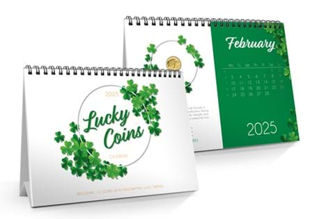 Own the 2025 Lucky Coins Calendar, including 12 international coins featuring motifs of good fortune.