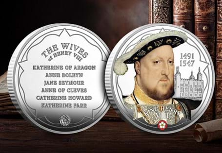 Struck commemorative medal featuring a traditional portrait of King Henry VIII on one side with the names of his six wives on the back. Stunning proof finish.