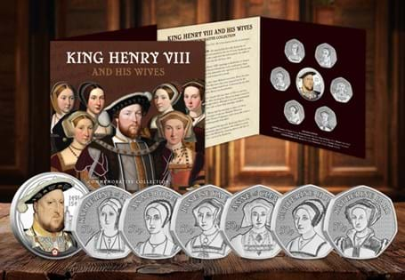 Issued by Guernsey, this set of six BU 50p coins tells the story of British history's most dramatic chapter - the notorious reign of Henry VIII and the life and fate of his SIX wives. 