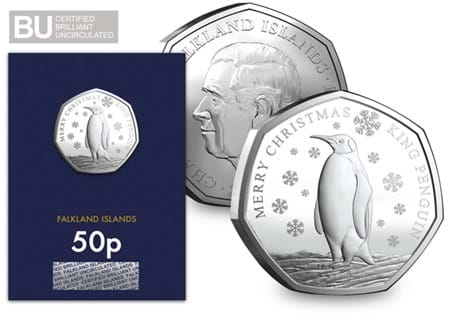 The Falkland Islands have released a new Christmas 50p, featuring a King Penguin. It has been struck to a BU quality and protectively encapsulated in official Change Checker packaging.